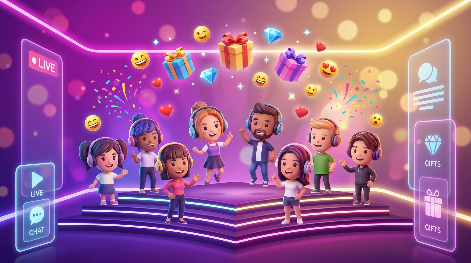 A lively Ficodi audio room with avatars, gifts and reactions